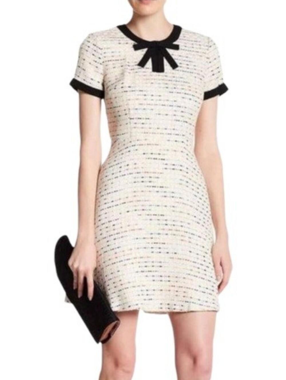 CeCe Cream Tweed Multicolor Short Sleeve Dress with Black Trim, Size 14